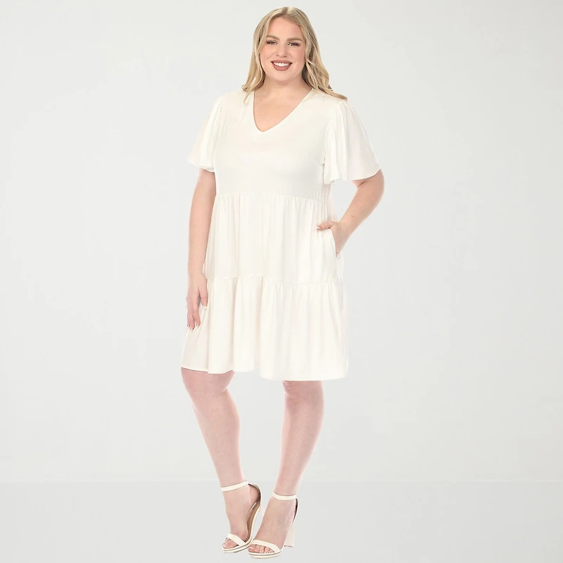 White Mark V-Neck Short Sleeve Womens Plus V Neck Short Sleeve A-Line Dress