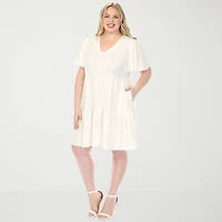 White Mark V-Neck Short Sleeve Womens Plus V Neck Short Sleeve A-Line Dress