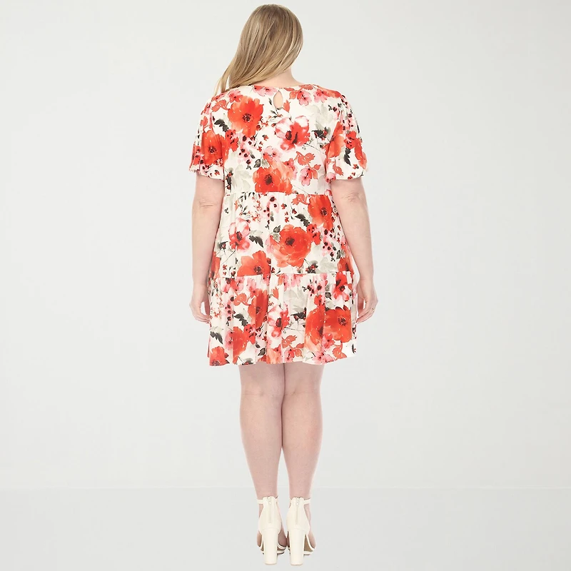 White Mark Womens Plus V Neck Short Sleeve Floral A-Line Dress