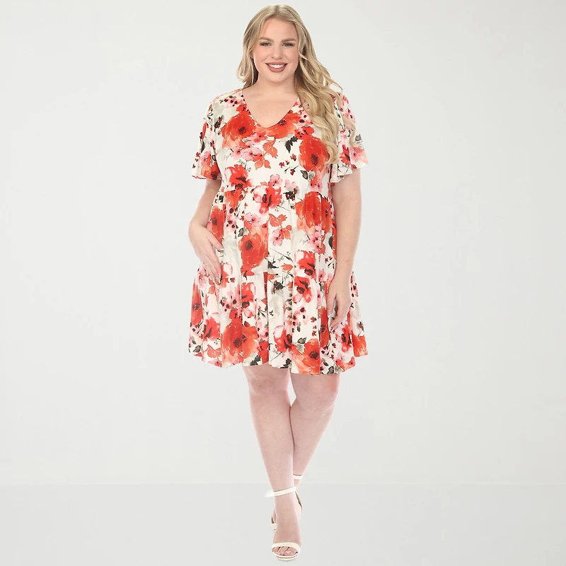 White Mark Womens Plus V Neck Short Sleeve Floral A-Line Dress