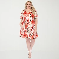 White Mark Womens Plus V Neck Short Sleeve Floral A-Line Dress