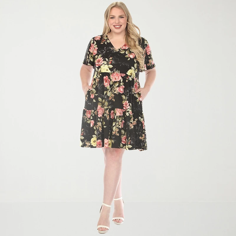 White Mark V-Neck Tropical Flower Short Sleeve Womens Plus V Neck Floral A-Line Dress