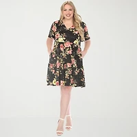 White Mark V-Neck Tropical Flower Short Sleeve Womens Plus V Neck Floral A-Line Dress