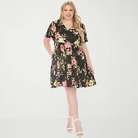 White Mark V-Neck Tropical Flower Short Sleeve Womens Plus V Neck Floral A-Line Dress