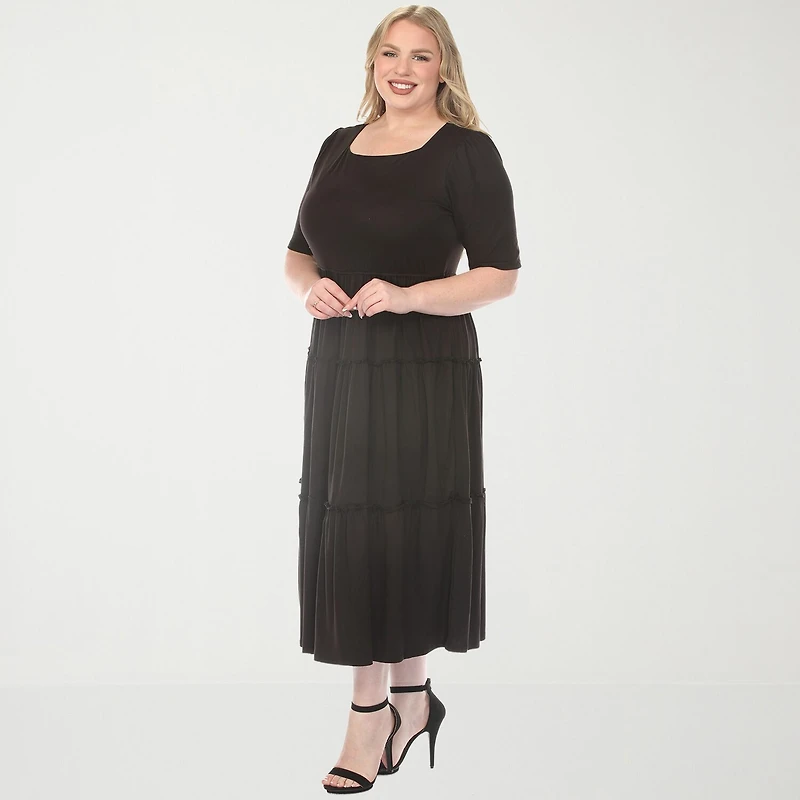 White Mark Square Neck Short Sleeve Tiered Womens Plus Elbow Fitted Maxi Dress