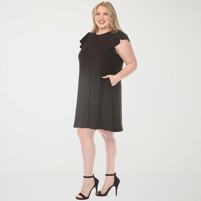 White Mark Crew Neck Ruffle Sleeve Womens Plus Short Shift Dress