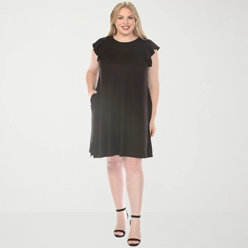 White Mark Crew Neck Ruffle Sleeve Womens Plus Short Shift Dress