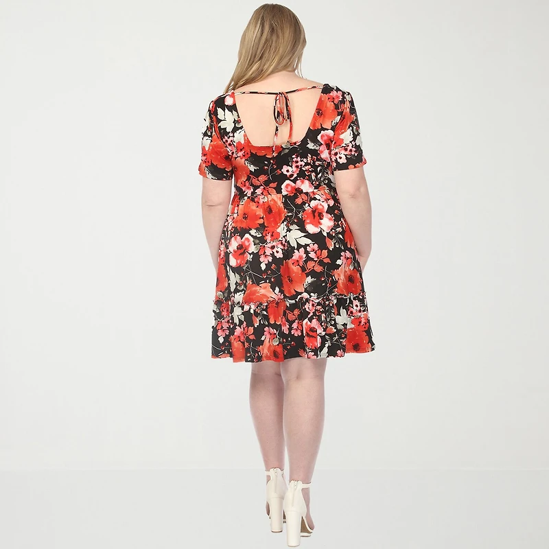 White Mark Womens Plus Square Neck Short Sleeve Fitted Floral Fit + Flare Dress