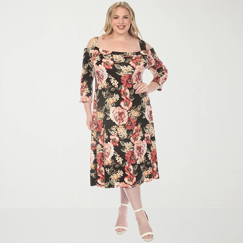 White Mark Womens Plus Midi Scoop Neck 3/4 Sleeve Floral A-Line Dress
