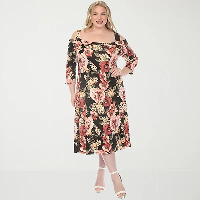 White Mark Womens Plus Midi Scoop Neck 3/4 Sleeve Floral A-Line Dress