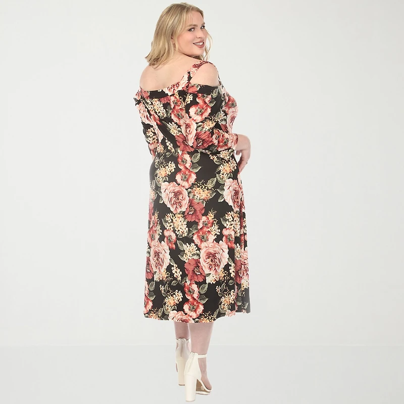 White Mark Womens Plus Midi Scoop Neck 3/4 Sleeve Floral A-Line Dress