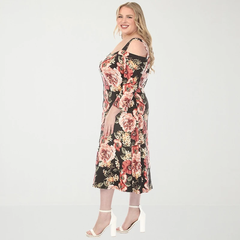 White Mark Womens Plus Midi Scoop Neck 3/4 Sleeve Floral A-Line Dress