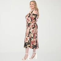White Mark Womens Plus Midi Scoop Neck 3/4 Sleeve Floral A-Line Dress