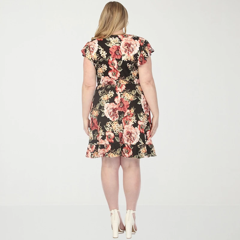 White Mark V-Neck Womens Plus V Neck Short Sleeve Flutter Floral Empire Waist Dress
