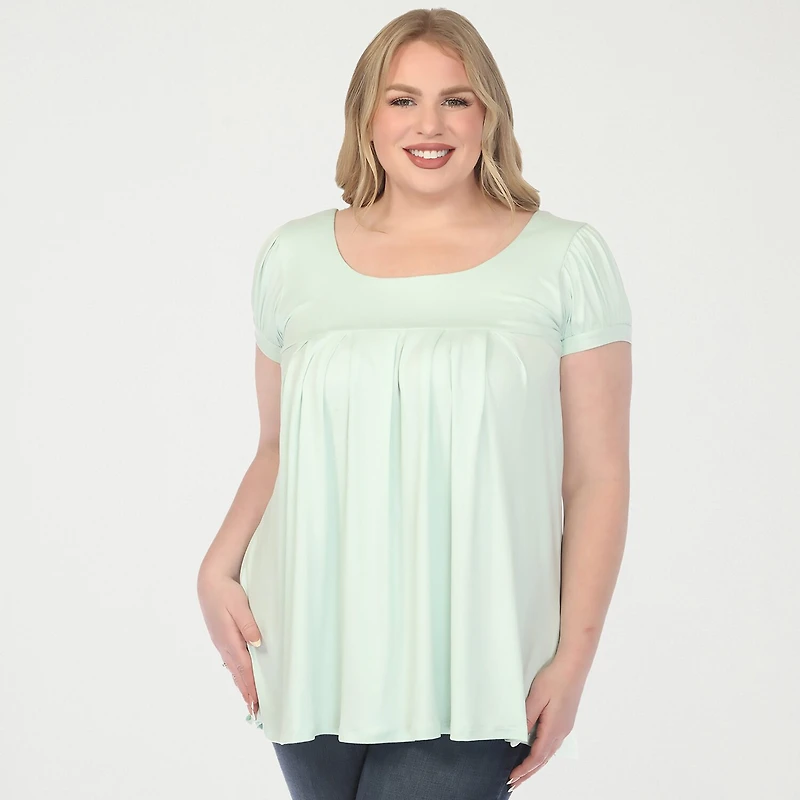 White Mark Plus Cap Sleeve Pleated Womens Boat Neck Short Tunic Top