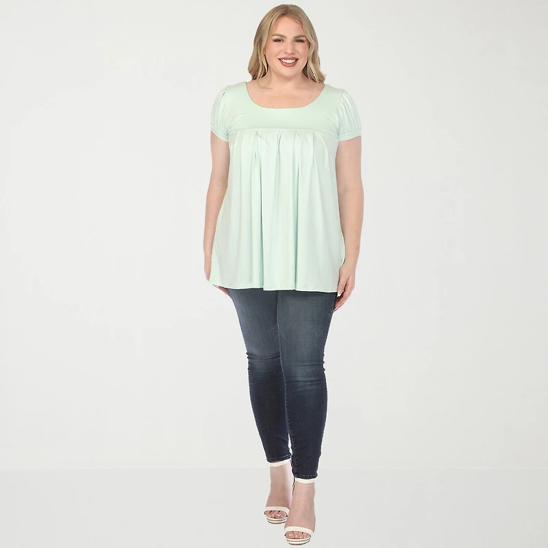 White Mark Plus Cap Sleeve Pleated Womens Boat Neck Short Tunic Top