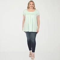 White Mark Plus Cap Sleeve Pleated Womens Boat Neck Short Tunic Top