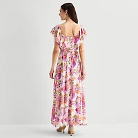 Melonie T Womens Square Neck Short Sleeve Ruffled Maxi Dress