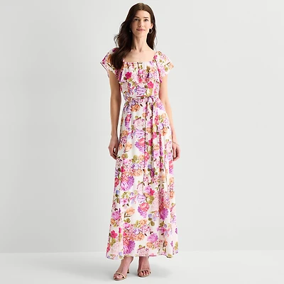 Melonie T Womens Square Neck Short Sleeve Ruffled Maxi Dress