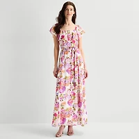 Melonie T Womens Square Neck Short Sleeve Ruffled Maxi Dress