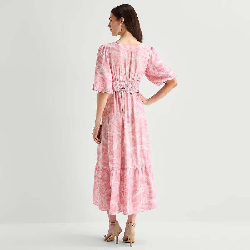 Melonie T Womens V Neck Short Sleeve Puffed Maxi Dress