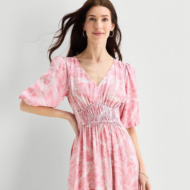 Melonie T Womens V Neck Short Sleeve Puffed Maxi Dress