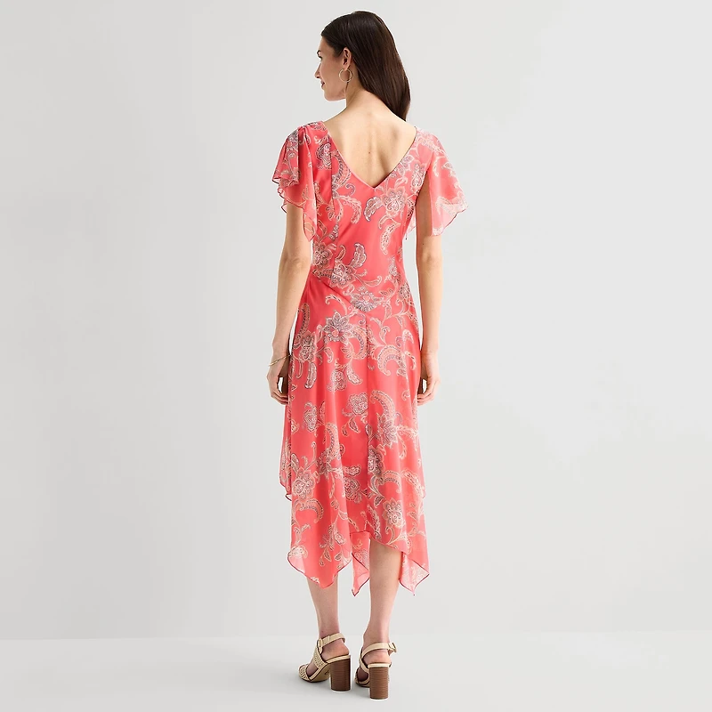 Robbie Bee Womens Midi Draped Neck Short Sleeve Flutter Paisley Fit + Flare Dress