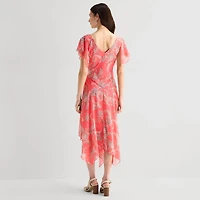 Robbie Bee Womens Midi Draped Neck Short Sleeve Flutter Paisley Fit + Flare Dress