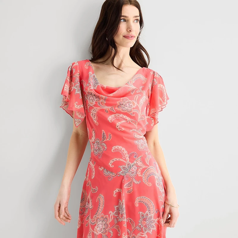Robbie Bee Womens Midi Draped Neck Short Sleeve Flutter Paisley Fit + Flare Dress