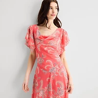 Robbie Bee Womens Midi Draped Neck Short Sleeve Flutter Paisley Fit + Flare Dress