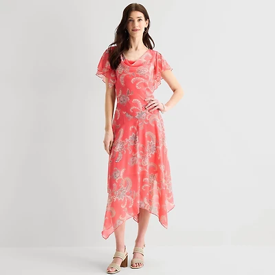 Robbie Bee Womens Midi Draped Neck Short Sleeve Flutter Paisley Fit + Flare Dress