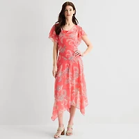 Robbie Bee Womens Midi Draped Neck Short Sleeve Flutter Paisley Fit + Flare Dress