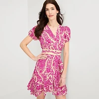 Melonie T Womens V Neck Short Sleeve Puffed Paisley Fit + Flare Dress