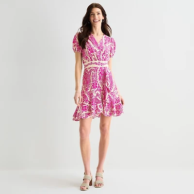 Melonie T Womens V Neck Short Sleeve Puffed Paisley Fit + Flare Dress