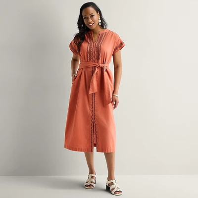 Liz Claiborne Womens Midi V Neck Short Sleeve A-Line Dress