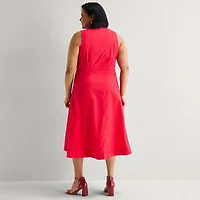 Liz Claiborne Womens Plus Midi V Neck Sleeveless A-Line Dress
