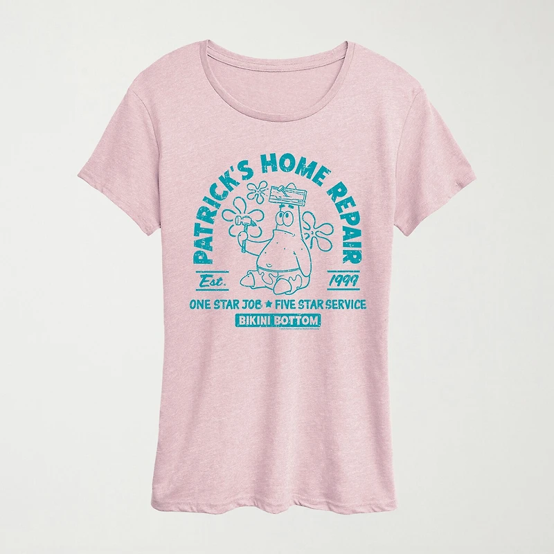 Patricks Home Repair Womens Crew Neck Short Sleeve Classic Fit Spongebob Graphic T-Shirt