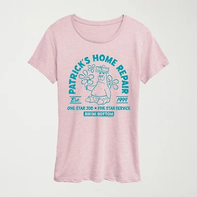 Patricks Home Repair Womens Crew Neck Short Sleeve Classic Fit Spongebob Graphic T-Shirt