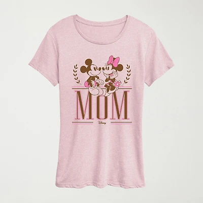Mom Prep Collegiate Womens Crew Neck Short Sleeve Classic Fit Mickey Mouse Minnie Graphic T-Shirt