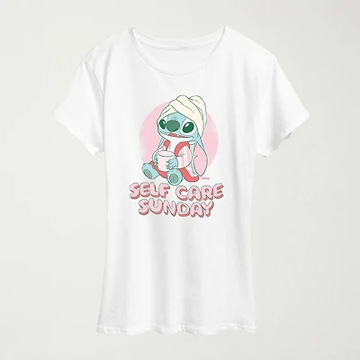 Stitch Self Care Womens Crew Neck Short Sleeve Classic Fit Graphic T-Shirt