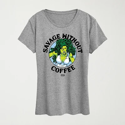 Savage Without Coffee Womens Crew Neck Short Sleeve Classic Fit Marvel Graphic T-Shirt