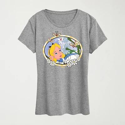 Alice Daisies Womens Crew Neck Short Sleeve Classic Fit Wonderland Graphic T-Shirt
