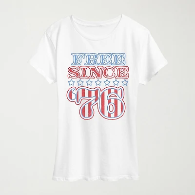 Free Since 76 Womens Crew Neck Short Sleeve Classic Fit Graphic T-Shirt