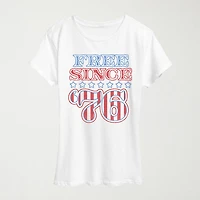 Free Since 76 Womens Crew Neck Short Sleeve Classic Fit Graphic T-Shirt