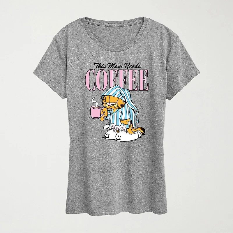 Mom Needs Coffee Womens Crew Neck Short Sleeve Classic Fit Garfield Graphic T-Shirt