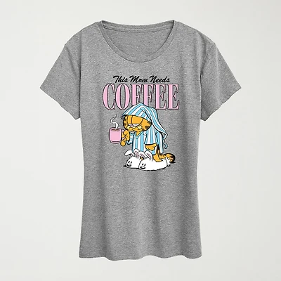 Mom Needs Coffee Womens Crew Neck Short Sleeve Classic Fit Garfield Graphic T-Shirt