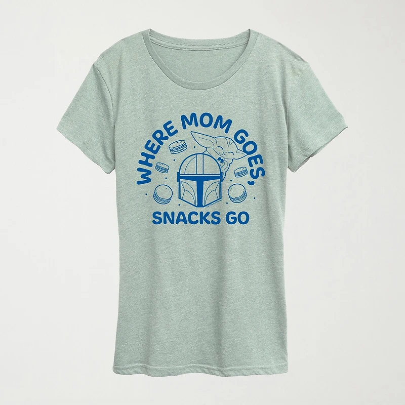 Where Mom Goes Snacks Womens Crew Neck Short Sleeve Classic Fit Baby Yoda Graphic T-Shirt
