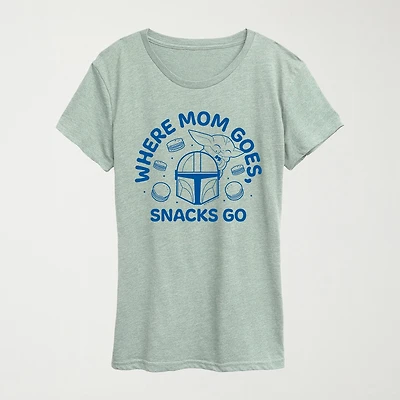 Where Mom Goes Snacks Womens Crew Neck Short Sleeve Classic Fit Baby Yoda Graphic T-Shirt