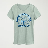 Where Mom Goes Snacks Womens Crew Neck Short Sleeve Classic Fit Baby Yoda Graphic T-Shirt