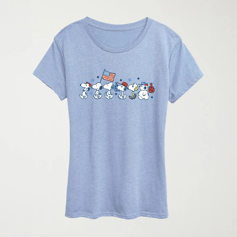Snoopy Sibs Americana Womens Crew Neck Short Sleeve Classic Fit Graphic T-Shirt